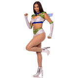 Side view of silver and green space ranger costume with wing harness and gloves - Golddiggers Boutique