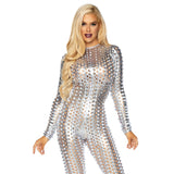 Close-up front view of silver laser cut metallic catsuit - Golddiggers Boutique