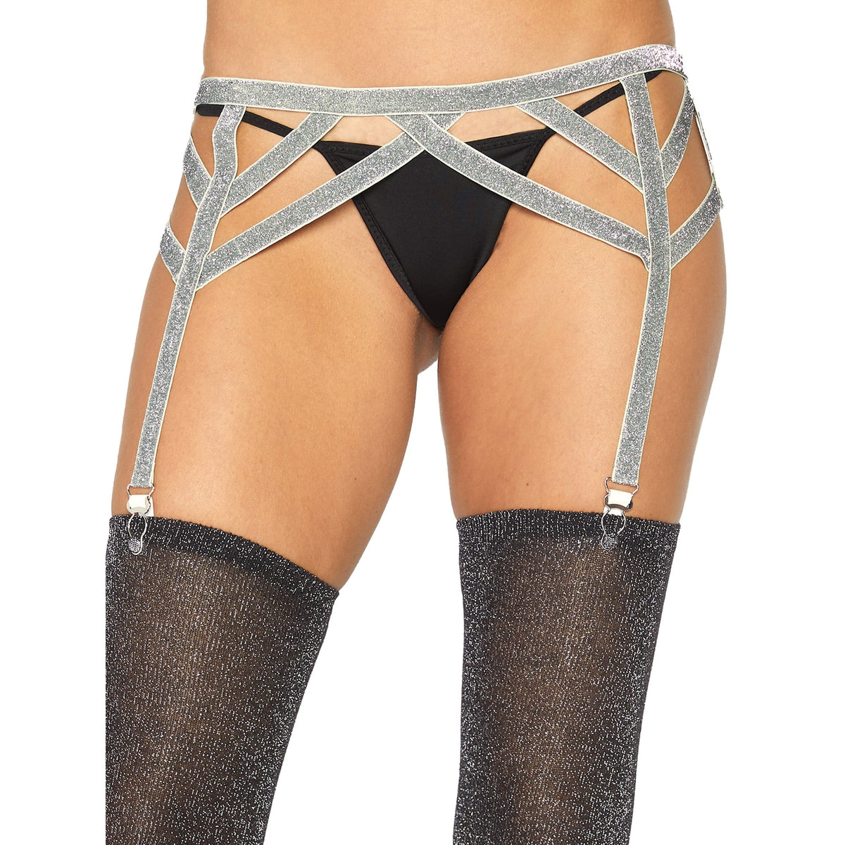 Close-up front view of silver metallic shimmer elastic garter belt - Golddiggers Boutique