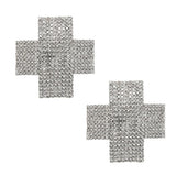 Silver rhinestone cross pasties angled view showing full crystal coverage, exotic dancewear accessory