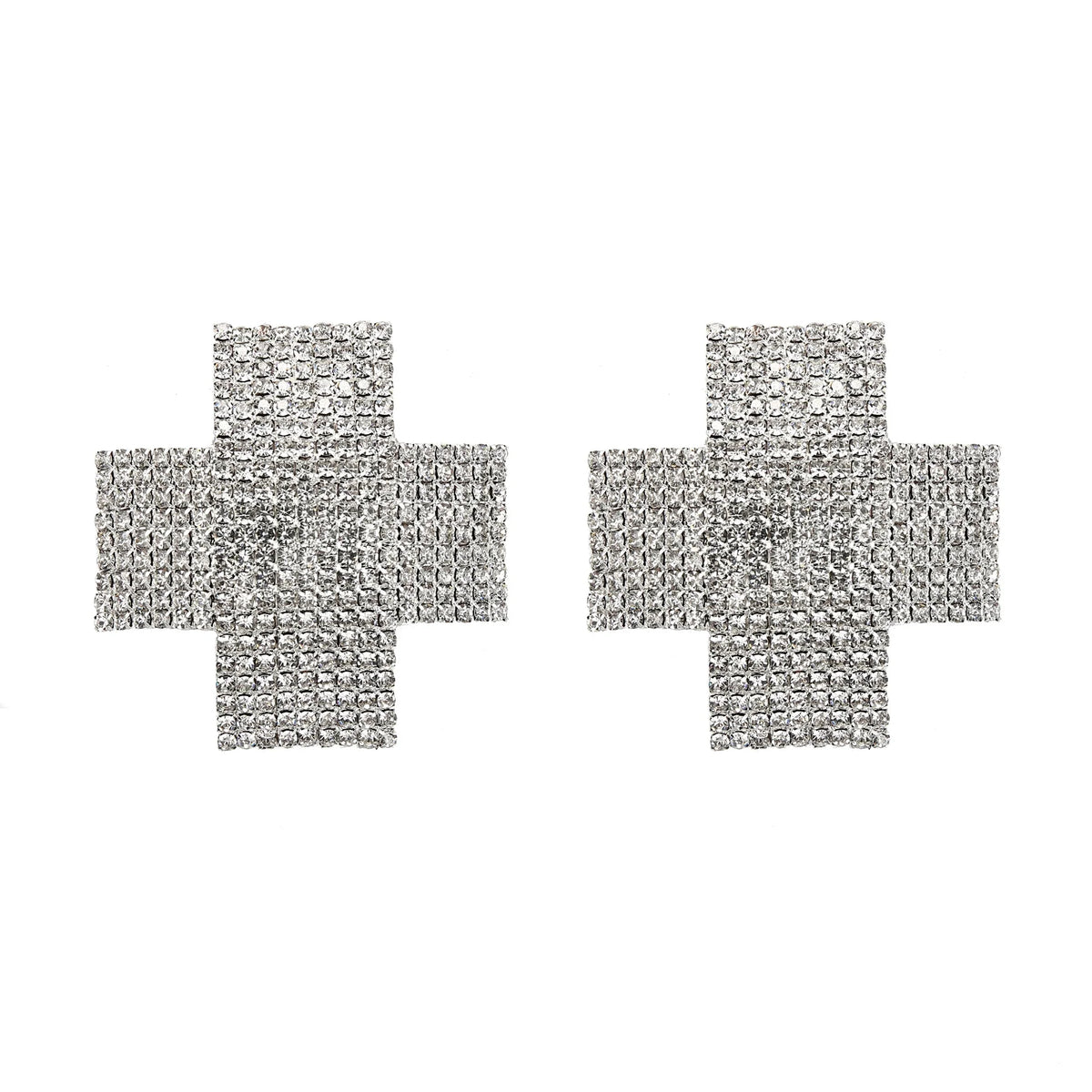Silver rhinestone cross pasties, reusable self-adhesive nipple covers for exotic dancewear, one pair