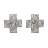 Silver rhinestone cross pasties, reusable self-adhesive nipple covers for exotic dancewear, one pair