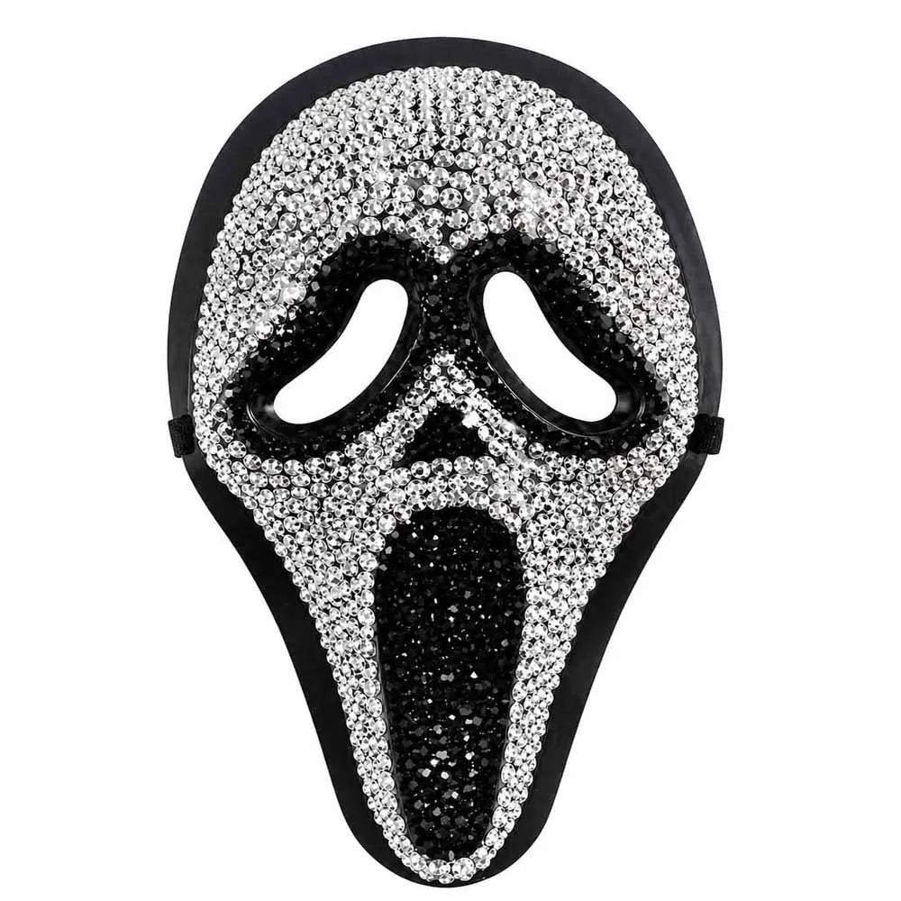 Silver rhinestone Halloween mask, screaming skull style, front view on white - Golddiggers Boutique