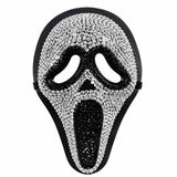 Silver rhinestone Halloween mask, screaming skull style, front view on white - Golddiggers Boutique