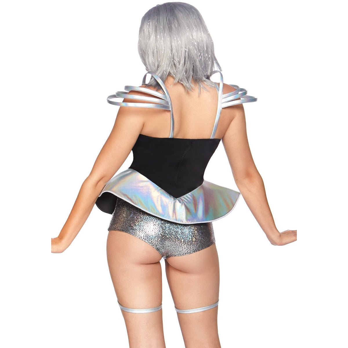 Detail view of silver space cadet costume romper - Golddiggers Boutique