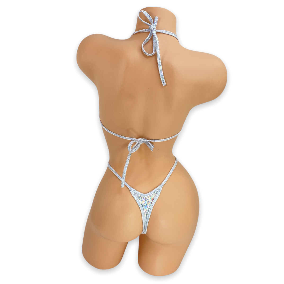 Back of the Silver Stella vinyl star cutout slingshot bodysuit showing the halter tie, tie back and thong