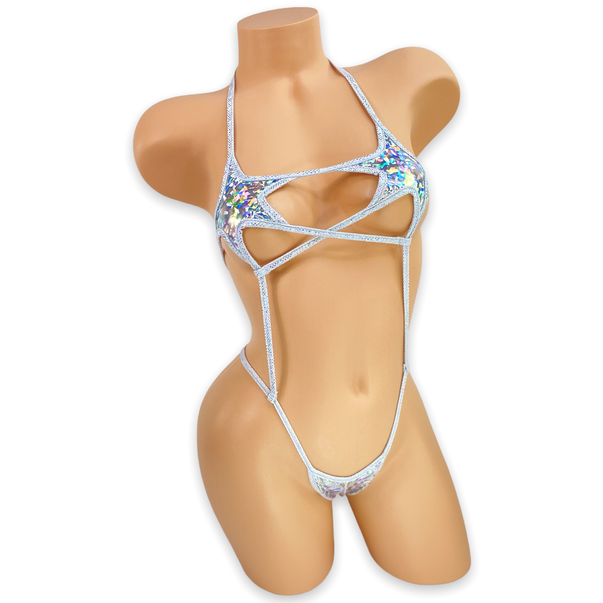 Front of the Silver Stella vinyl star cutout slingshot bodysuit with star-shaped cups