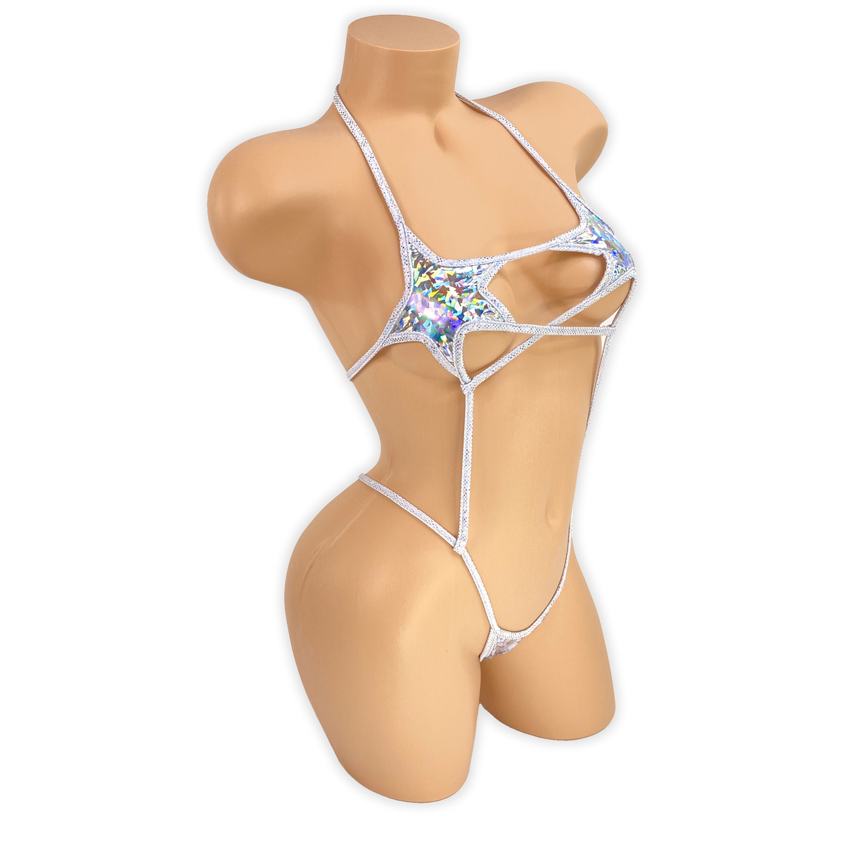 Side of the Silver Stella vinyl star cutout slingshot bodysuit