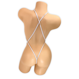 Back of the Silver Zoe vinyl slingshot bodysuit showing the X criss-cross straps and thong back