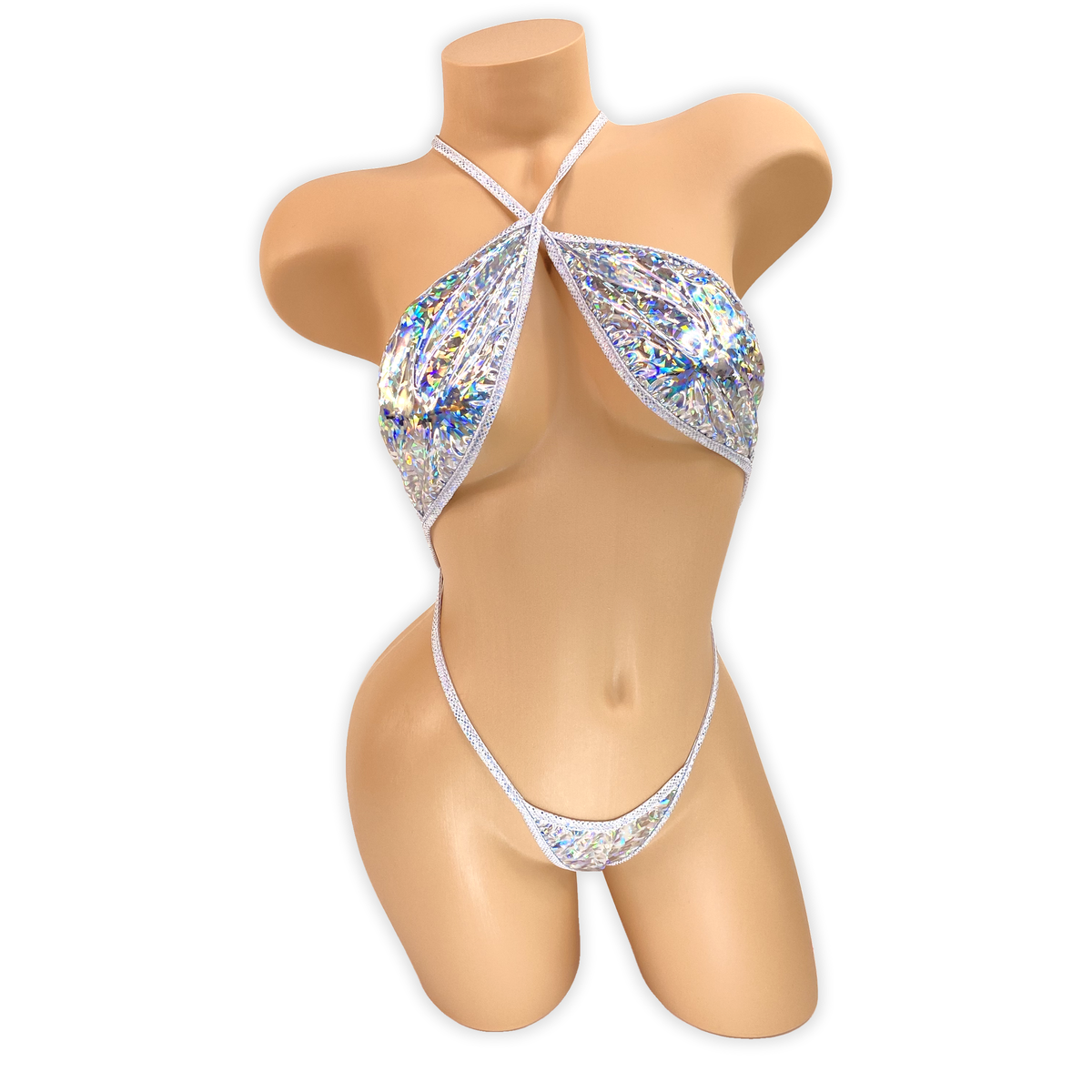 Front of the Silver Zoe vinyl slingshot bodysuit with criss-cross halter straps