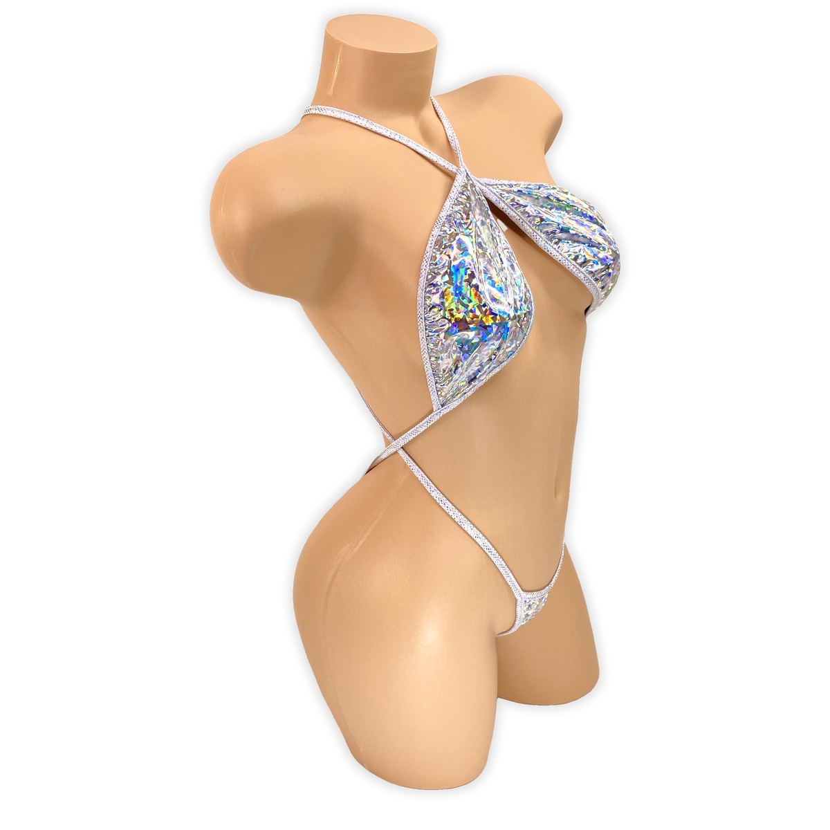 Side of the Silver Zoe vinyl slingshot bodysuit