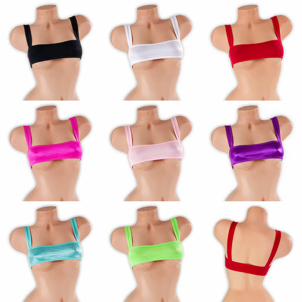 Sleek underboob top on mannequin in all 8 colors, Golddiggers Boutique