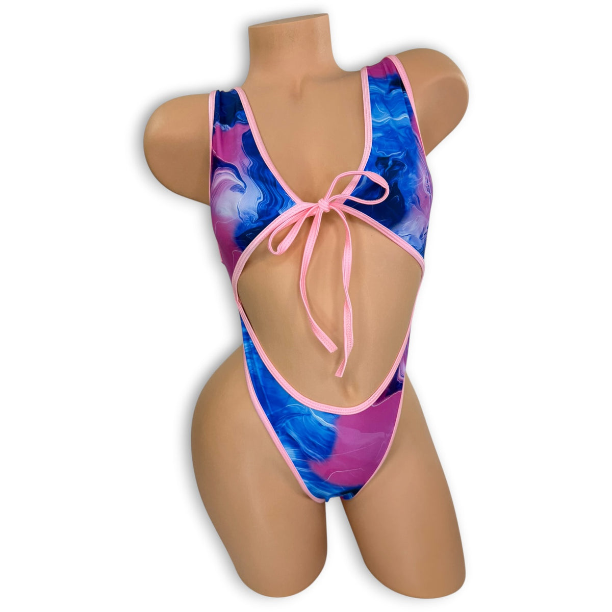 Smoked Carson tie-front bodysuit in pink, blue, and purple smoke print on mannequin, front view - Golddiggers Boutique
