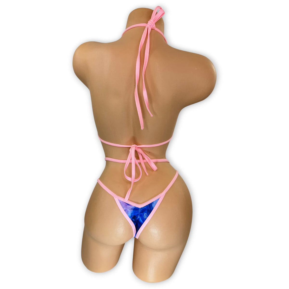 Smoked Drea halter 'kini on mannequin, back view showing ties and g-string - Golddiggers Boutique