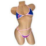 Smoked Drea o-ring halter 'kini in pink, blue, and purple smoke print with waist strap, front view - Golddiggers Boutique
