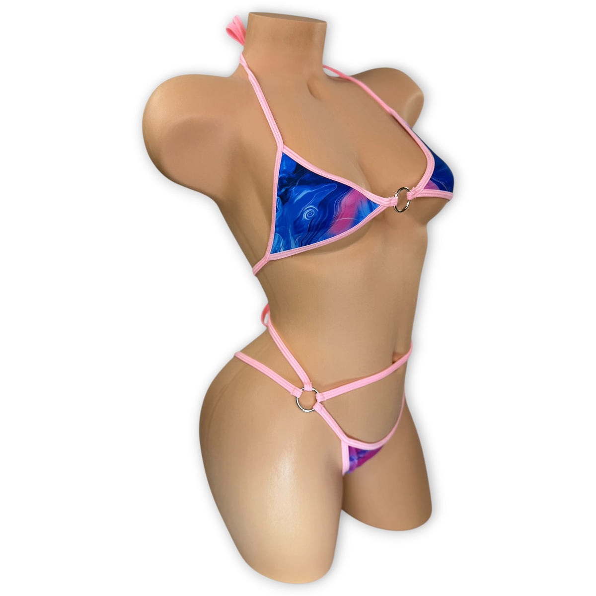 Smoked Drea o-ring halter 'kini on mannequin, angled side view - Golddiggers Boutique