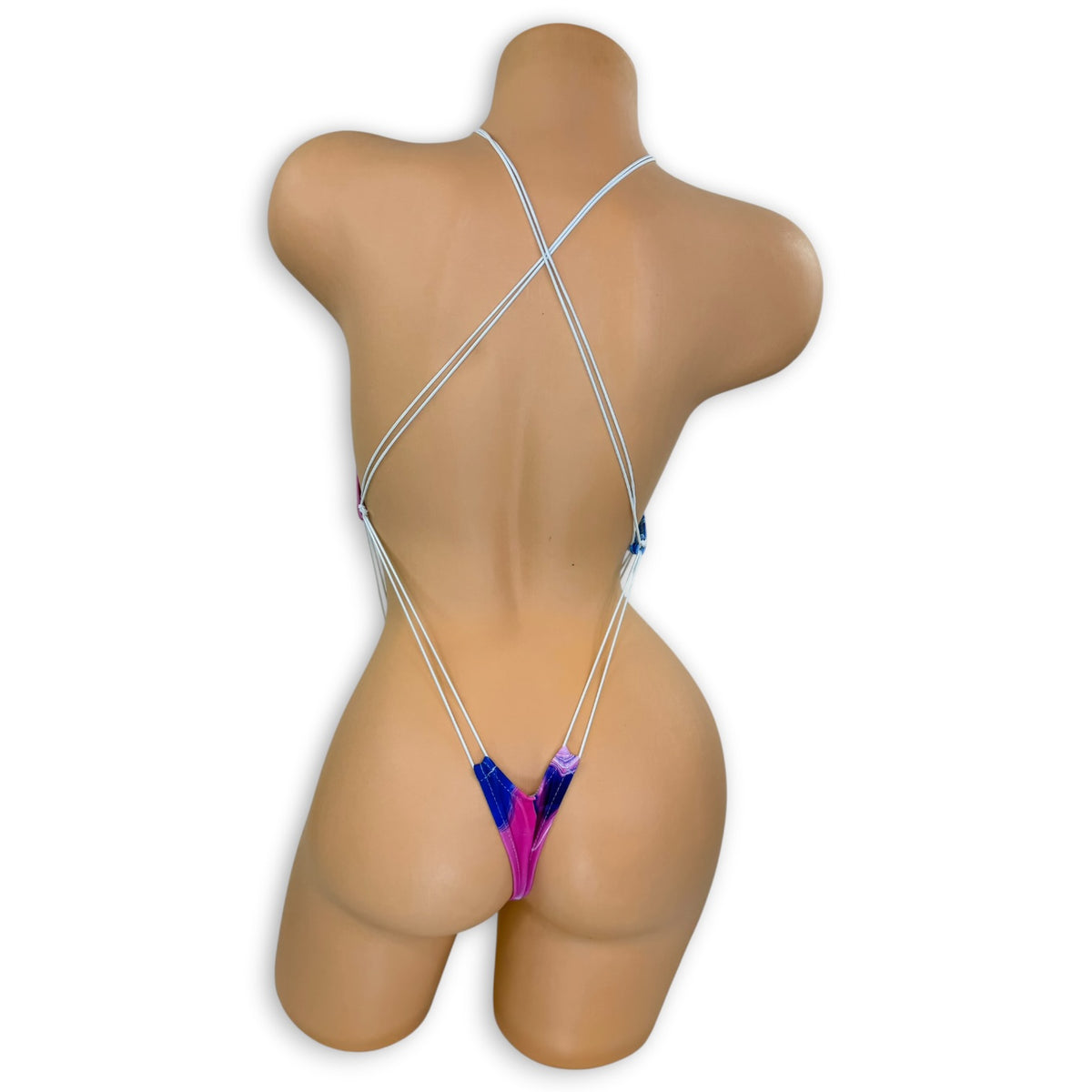Smoked Eva slingshot bodysuit, back view showing crisscross straps and thong - Golddiggers Boutique