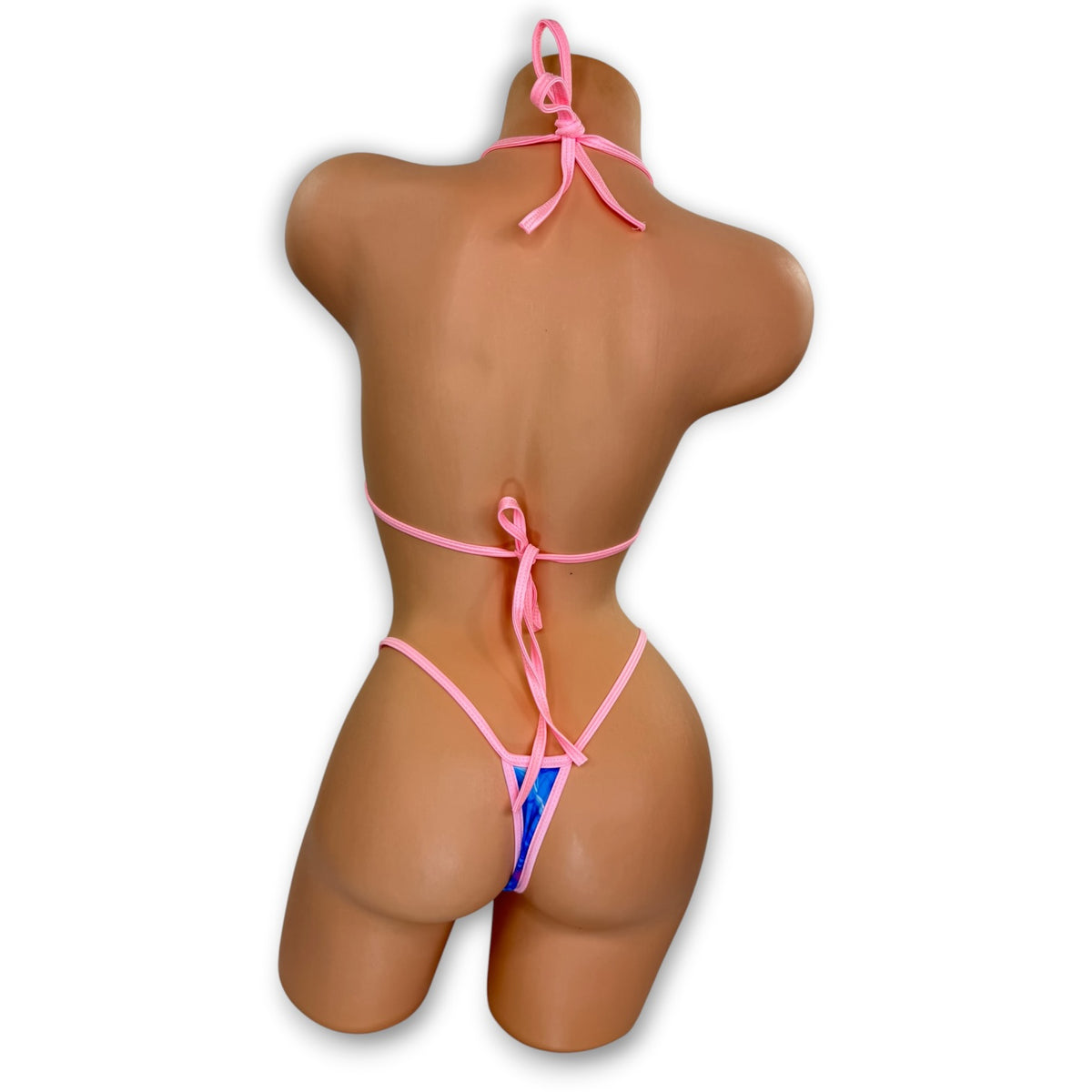 Smoked Jada set on mannequin, back view showing halter tie and t-back thong - Golddiggers Boutique