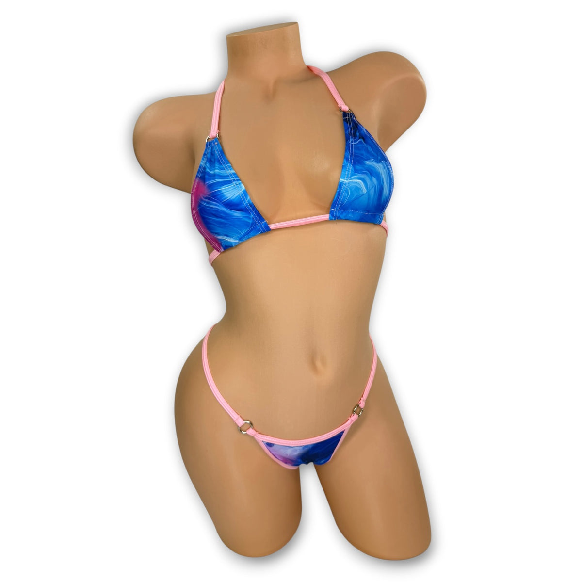 Smoked Jada o-ring triangle top and t-back thong in pink, blue, and purple smoke print, front view - Golddiggers Boutique
