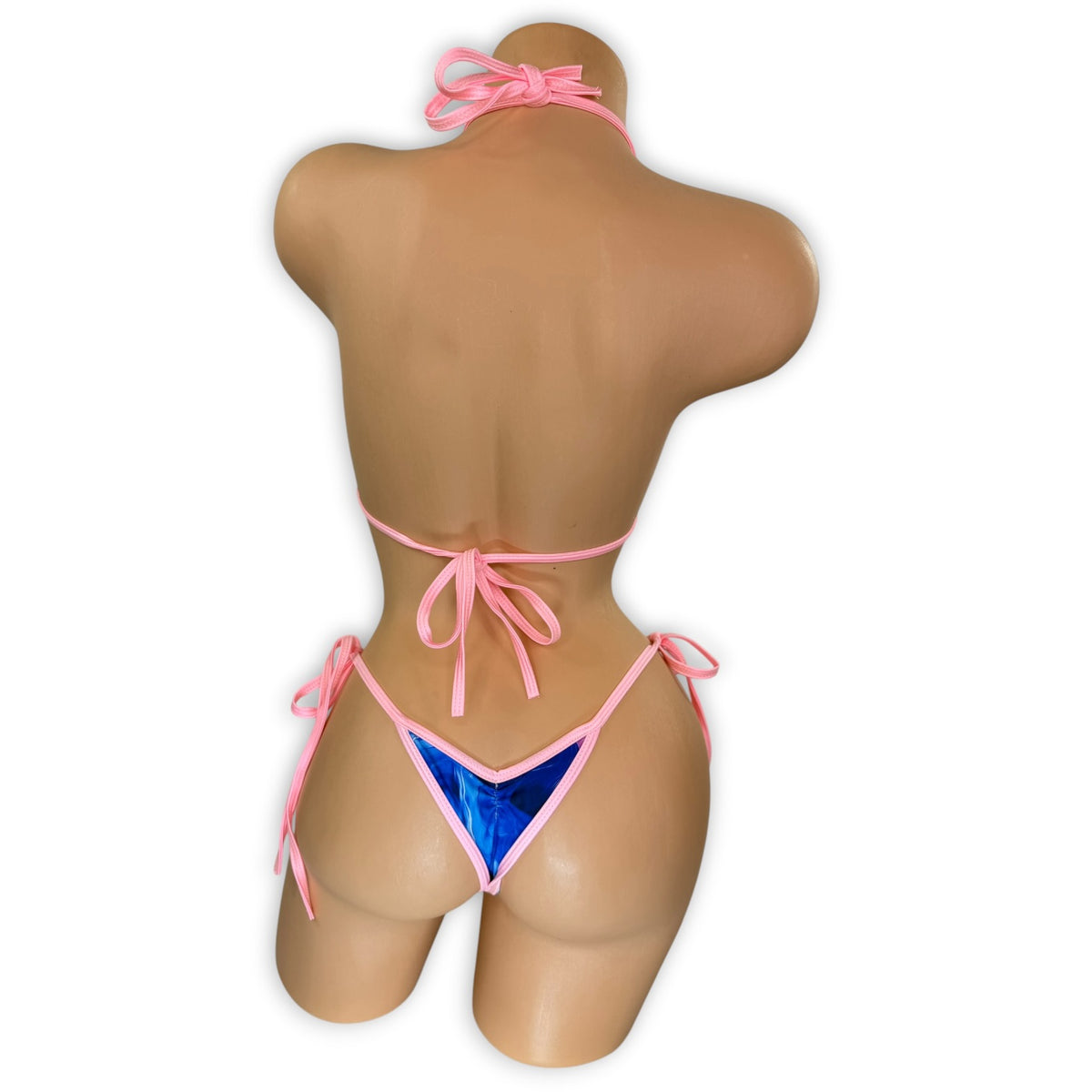 Smoked Maggie tie-side 'kini on mannequin, back view showing g-string and ties - Golddiggers Boutique