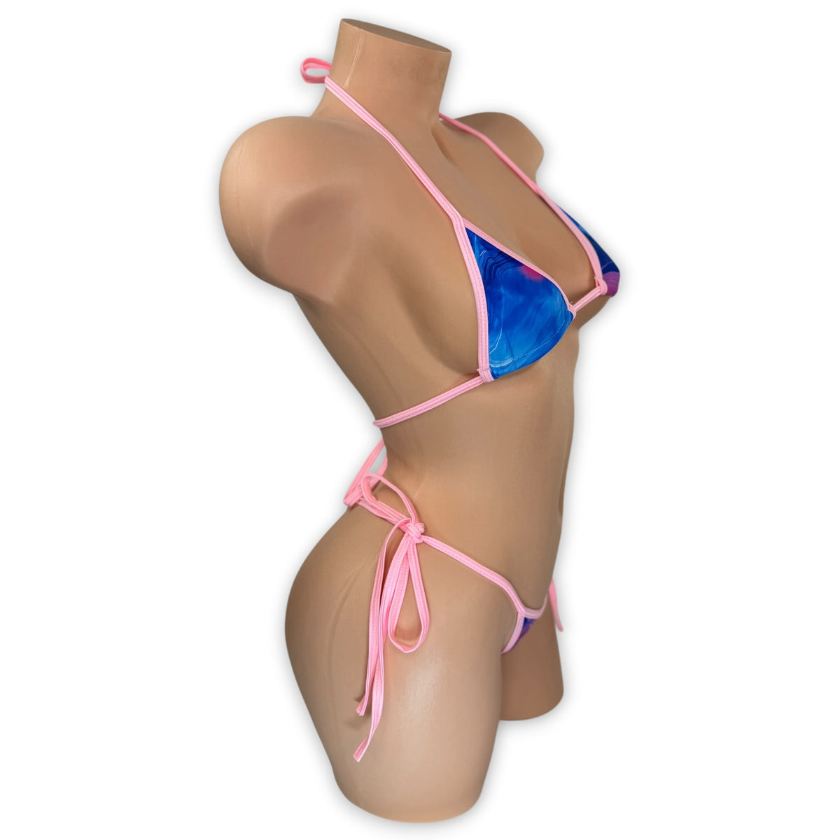 Smoked Maggie tie-side 'kini on mannequin, side view showing tie sides - Golddiggers Boutique