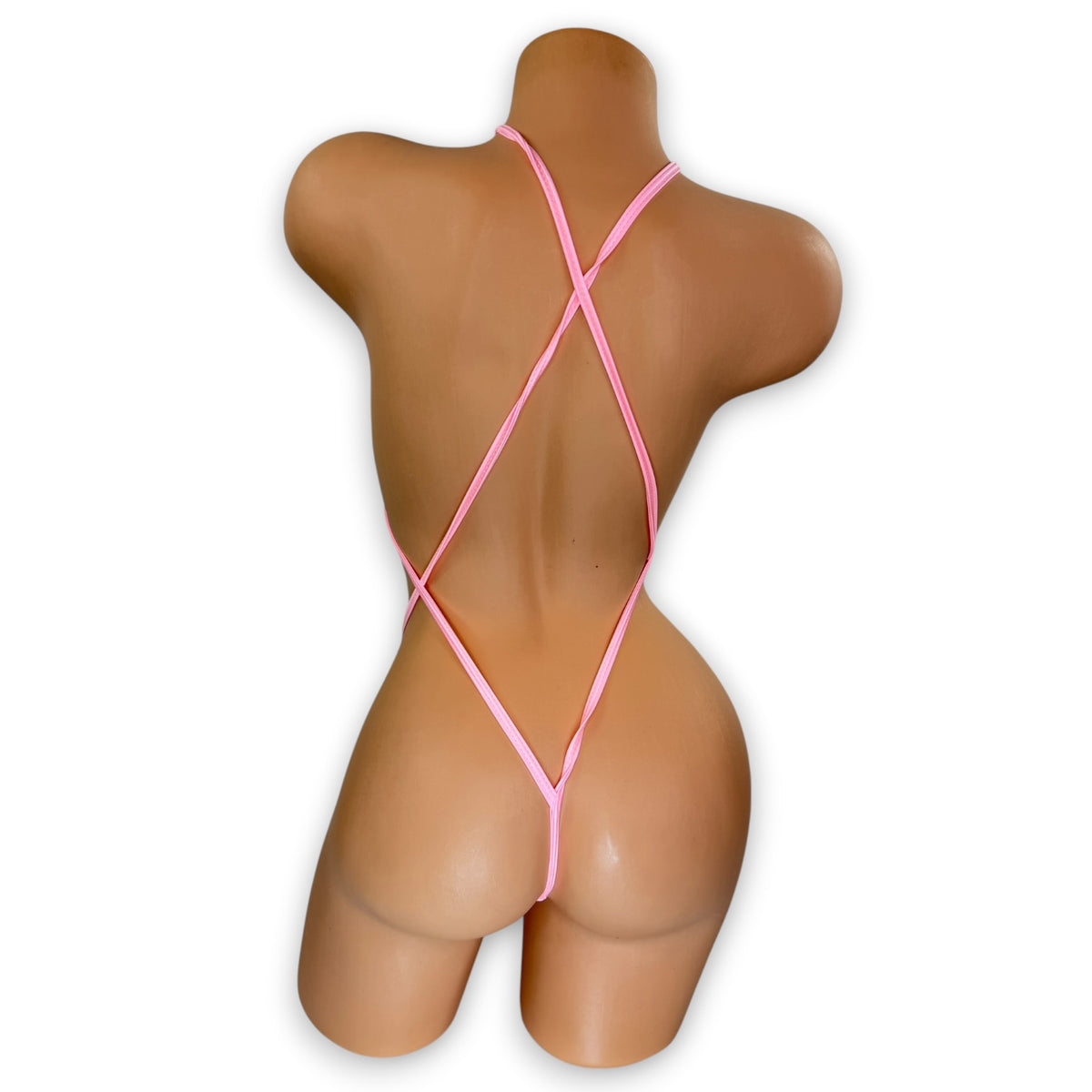 Smoked slingshot bodysuit, back view showing crisscross baby pink straps and thong - Golddiggers Boutique