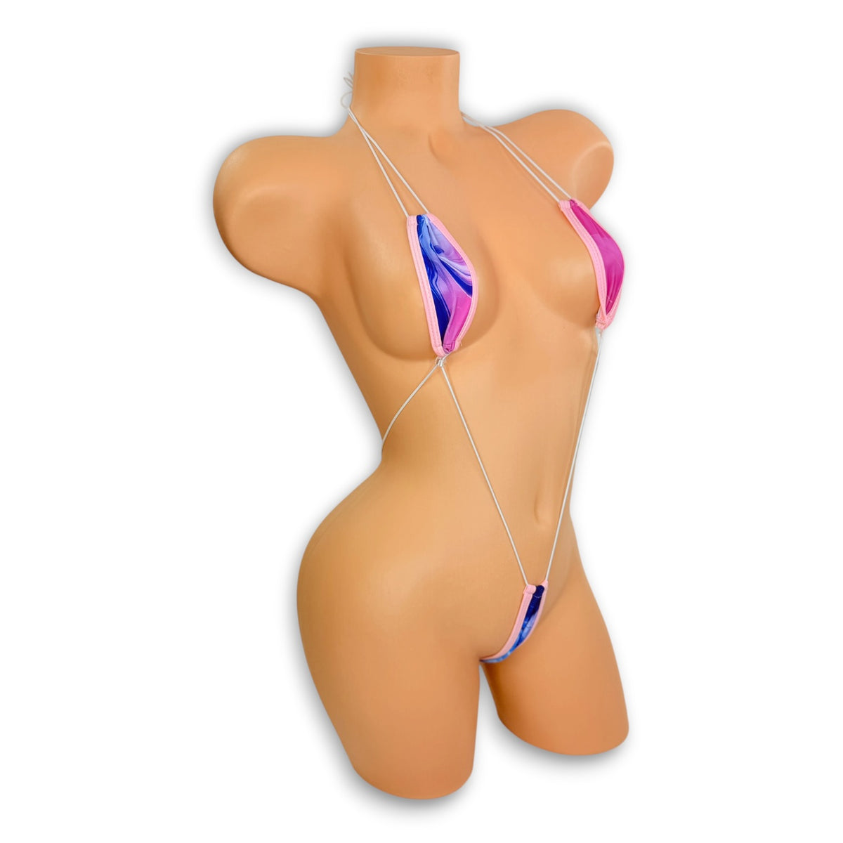 Smoked teeny tiny slingshot bodysuit on mannequin, side view - Golddiggers Boutique