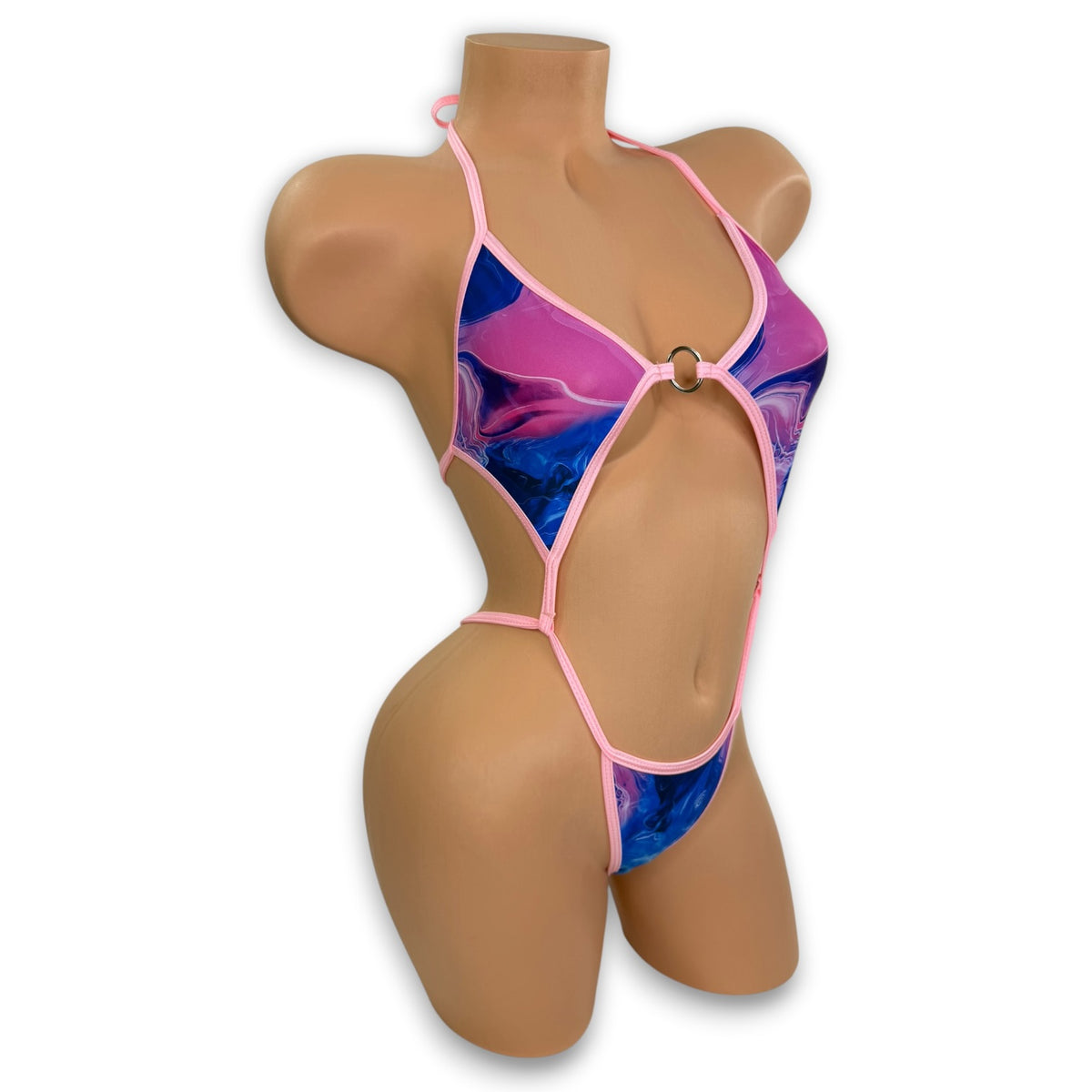 Smoked Vanezza o-ring slingshot bodysuit on mannequin, side view - Golddiggers Boutique