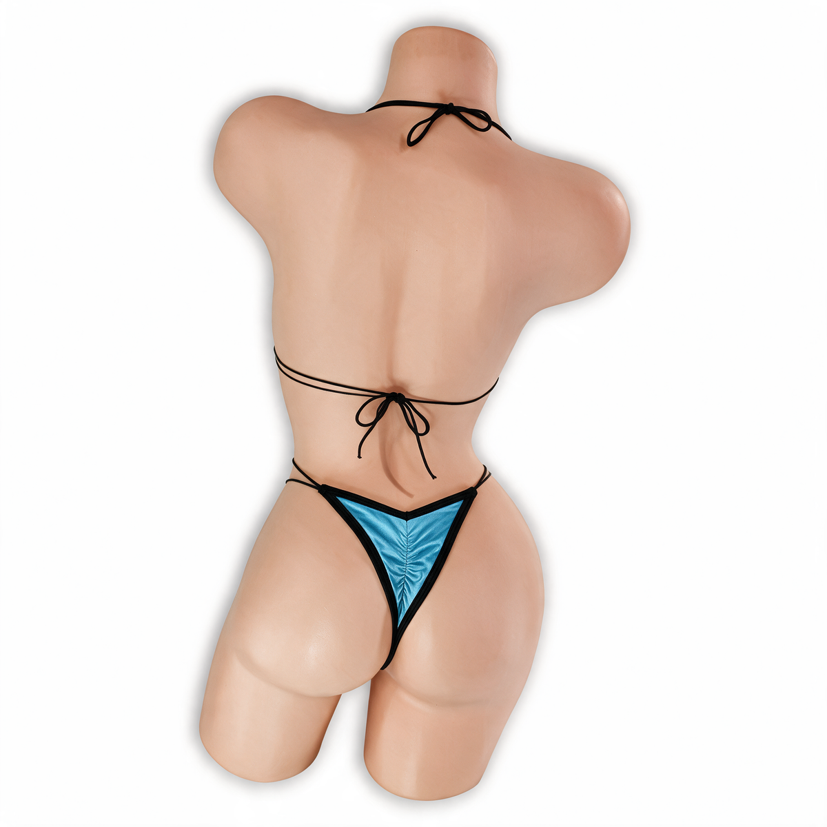 Splash Blue Dakota Criss Cross Slingshot Bodysuit back view on mannequin, bow tie back and scrunch thong