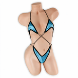 Splash Blue Dakota Criss Cross Slingshot Bodysuit front view on mannequin, black trim and criss cross strings