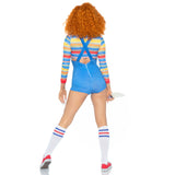 Back view of striped and denim demon doll costume with overall romper - Golddiggers Boutique