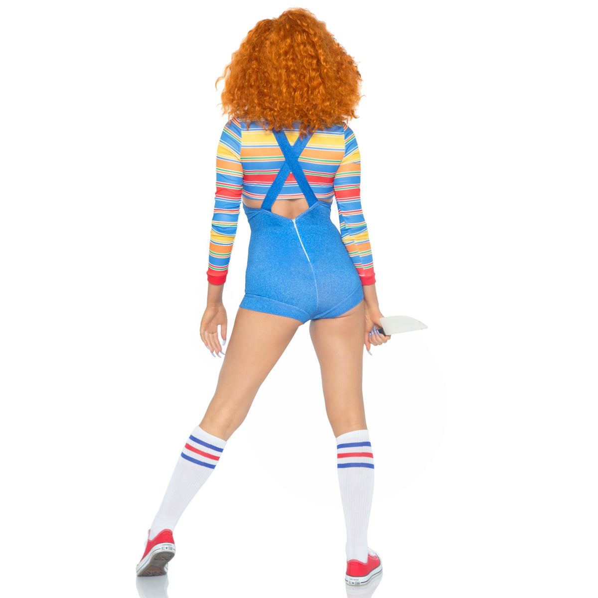 Back view of striped and denim demon doll costume with overall romper - Golddiggers Boutique