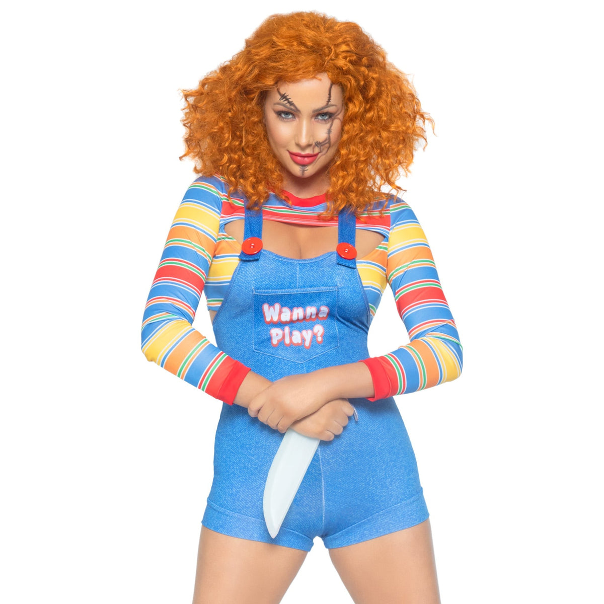Close front pose of striped and denim demon doll costume with overall romper - Golddiggers Boutique