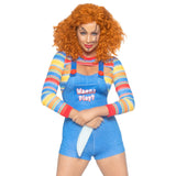 Close front pose of striped and denim demon doll costume with overall romper - Golddiggers Boutique