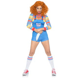 Front pose of striped and denim demon doll costume with overall romper - Golddiggers Boutique