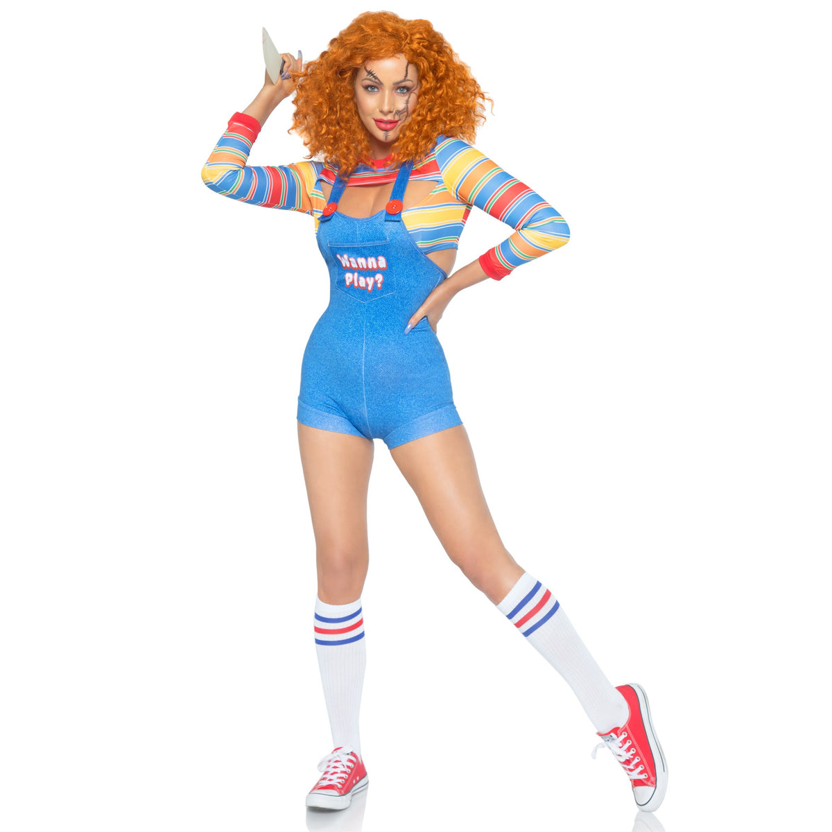 Front view of striped and denim demon doll costume with overall romper - Golddiggers Boutique