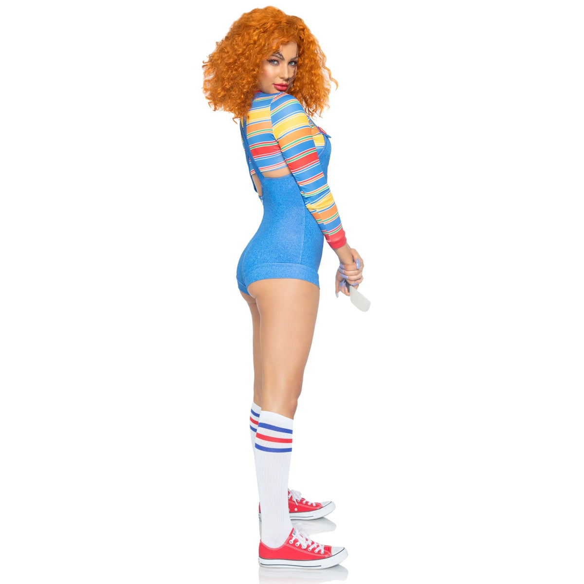Side view of striped and denim demon doll costume with overall romper - Golddiggers Boutique