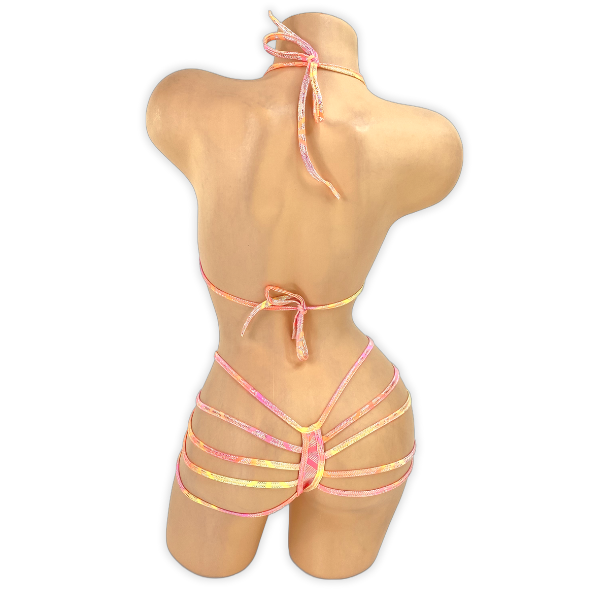 Sunset Elara holo plunge strappy bodysuit, back view with thong back and strappy hips