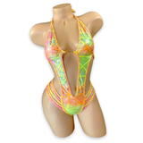 Sunset Elara holo plunge strappy bodysuit, front view on mannequin