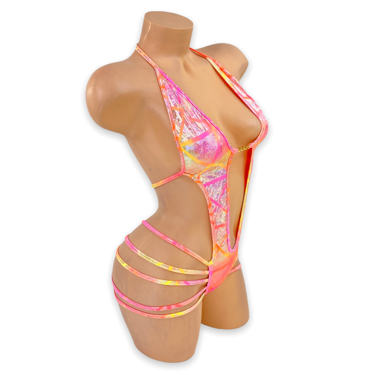 Sunset Elara holo plunge strappy bodysuit, side view showing open sides