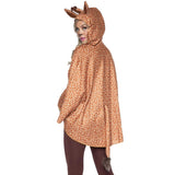 Close-up back view of tan giraffe print poncho costume with ear hood and tail - Golddiggers Boutique