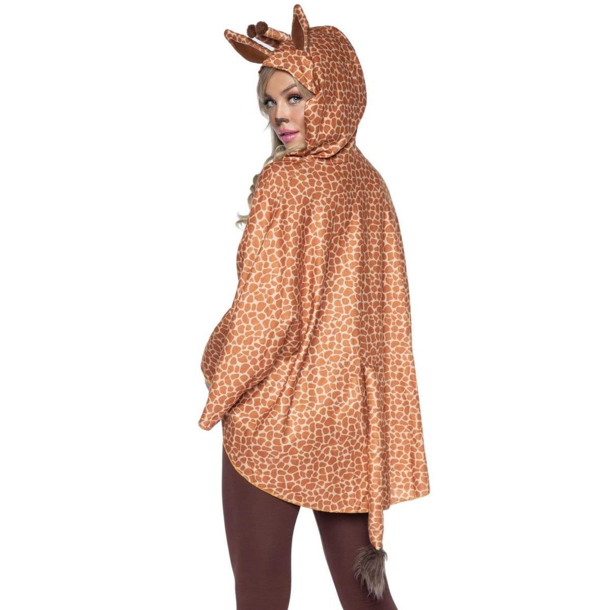 Close-up back view of tan giraffe print poncho costume with ear hood and tail - Golddiggers Boutique
