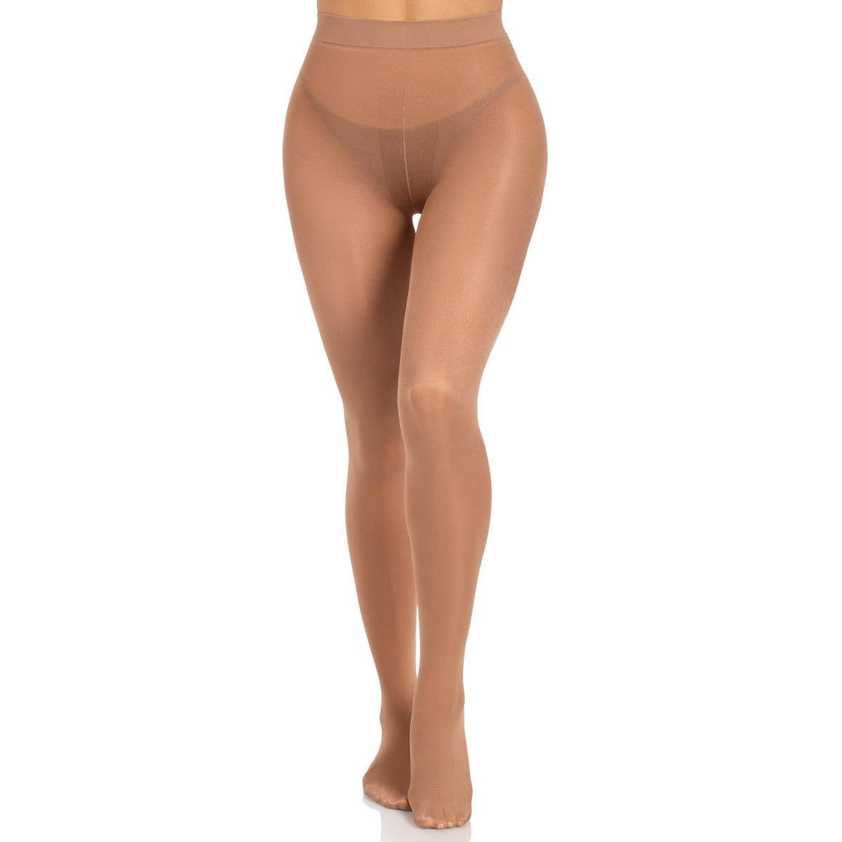 Front view of tan sheer to waist tights with cotton crotch - Golddiggers Boutique