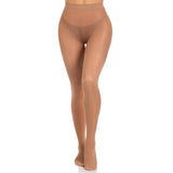 Front view of tan sheer to waist tights with cotton crotch - Golddiggers Boutique