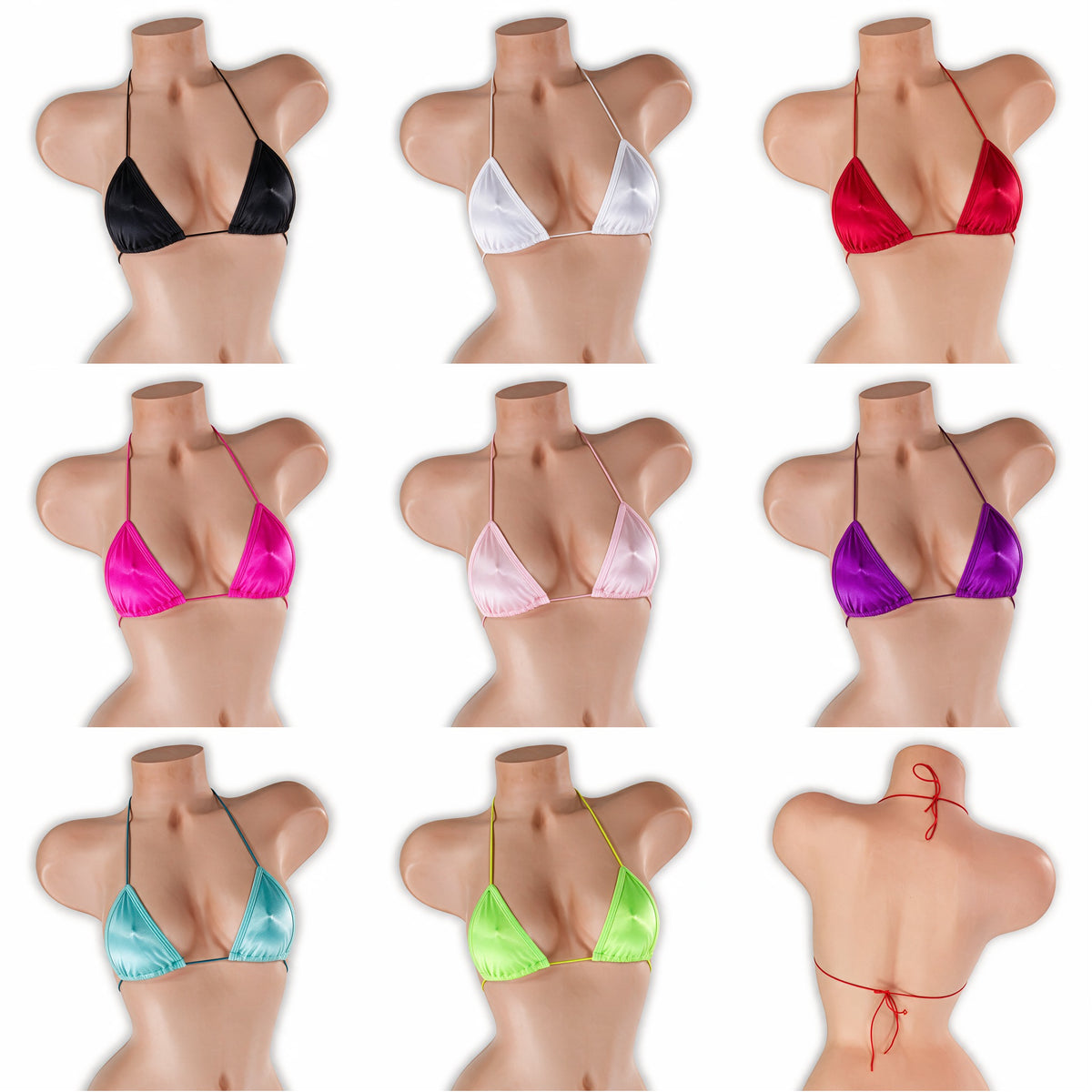 Elastic string tri top on mannequin in all 8 colors, Golddiggers Boutique