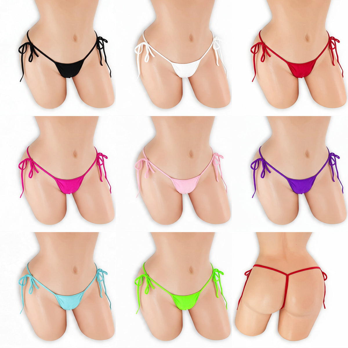 Tie Side G-String on mannequin in all 8 colors, Golddiggers Boutique