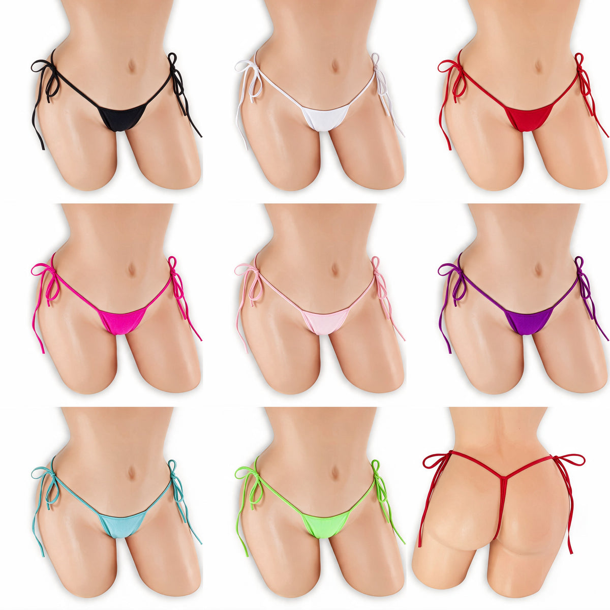 Tie Side T-Back Thong on mannequin in all 8 colors, Golddiggers Boutique
