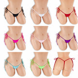 Tie Side T-Back Thong on mannequin in all 8 colors, Golddiggers Boutique