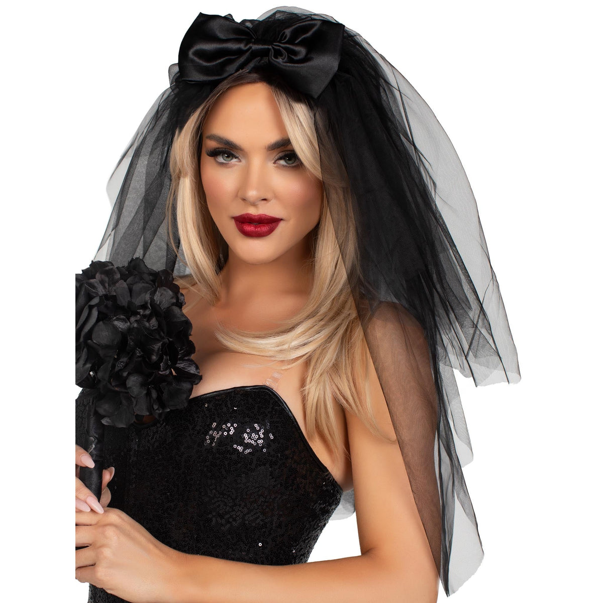 Close front view of black tiered bridal veil with satin bow - Golddiggers Boutique