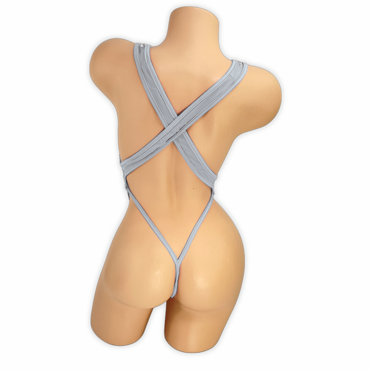 Titanium Paige rhinestone slingshot bodysuit, back view showing criss-cross straps and thong back